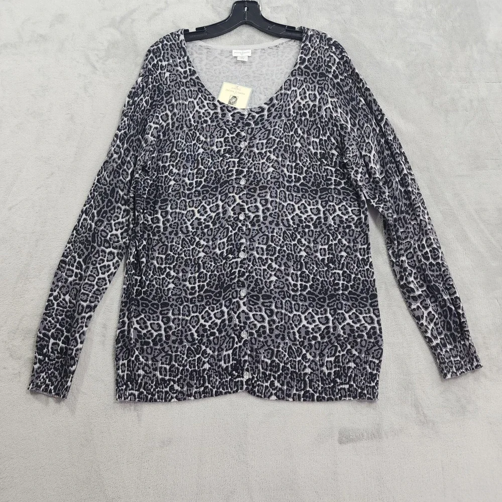 Jaclyn Smith Cardigan Sweater‎ Womens XL Gray Leopard Button Front Lightweight